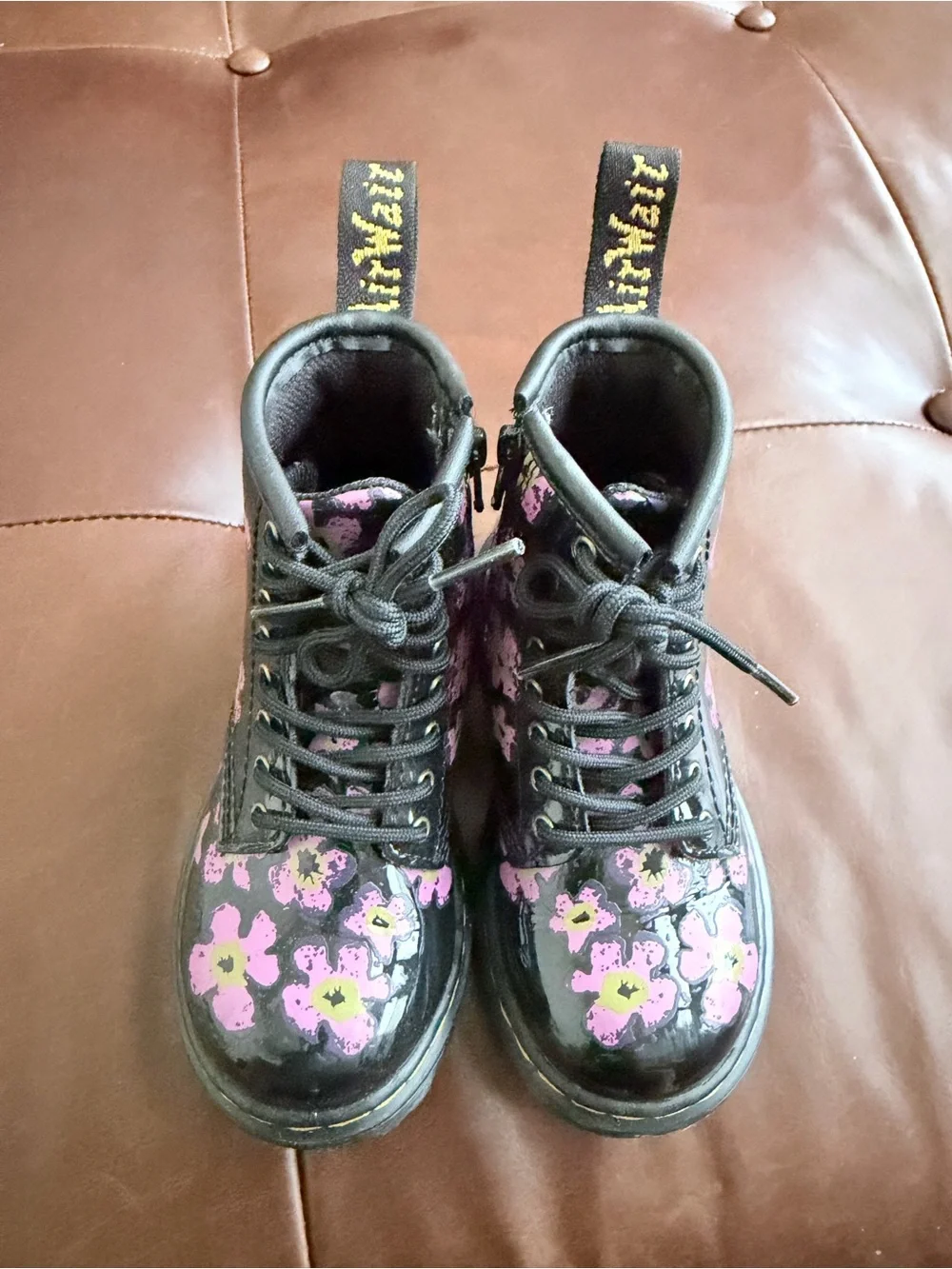 Dr. Martens Kids Black Lace-Up Boots with Pink Floral Print